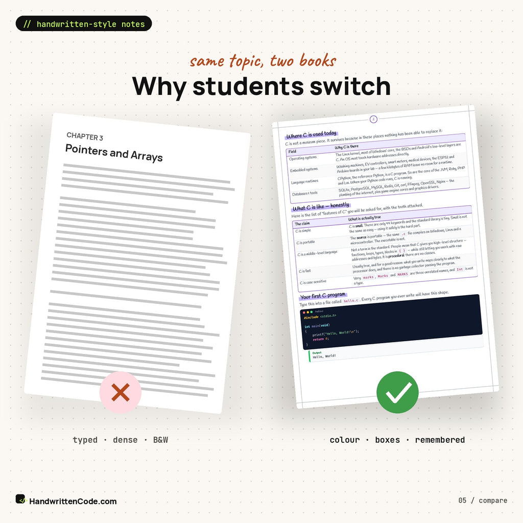 Typed textbook page vs HandwrittenCode page