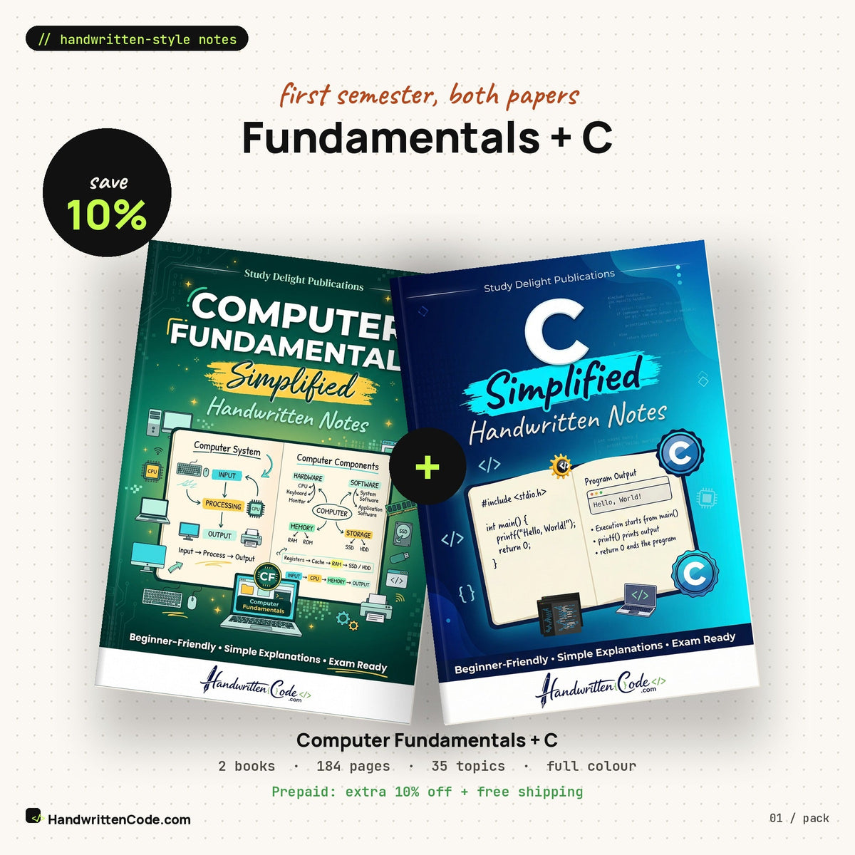 Computer Fundamentals + C handwritten-style notes pack