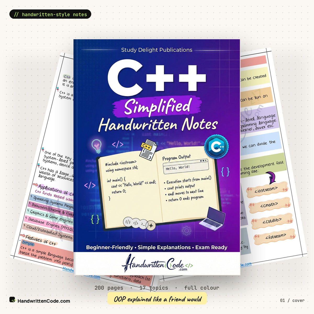 C++ Simplified handwritten-style notes — cover with inside pages