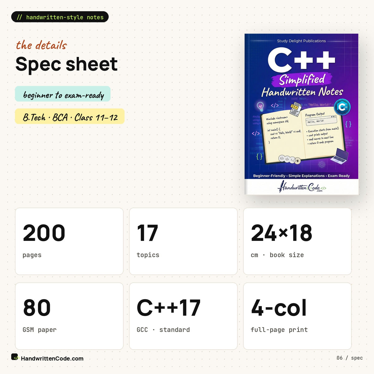 Spec sheet: 200 pages, 24 x 18 cm, 80 GSM, C++17