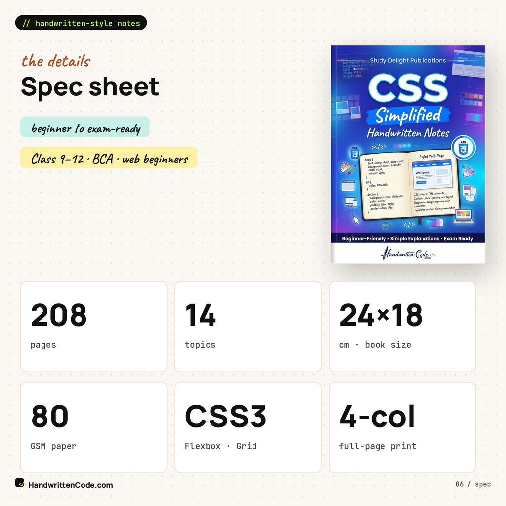 Spec sheet: 208 pages, 24 x 18 cm, 80 GSM, CSS3
