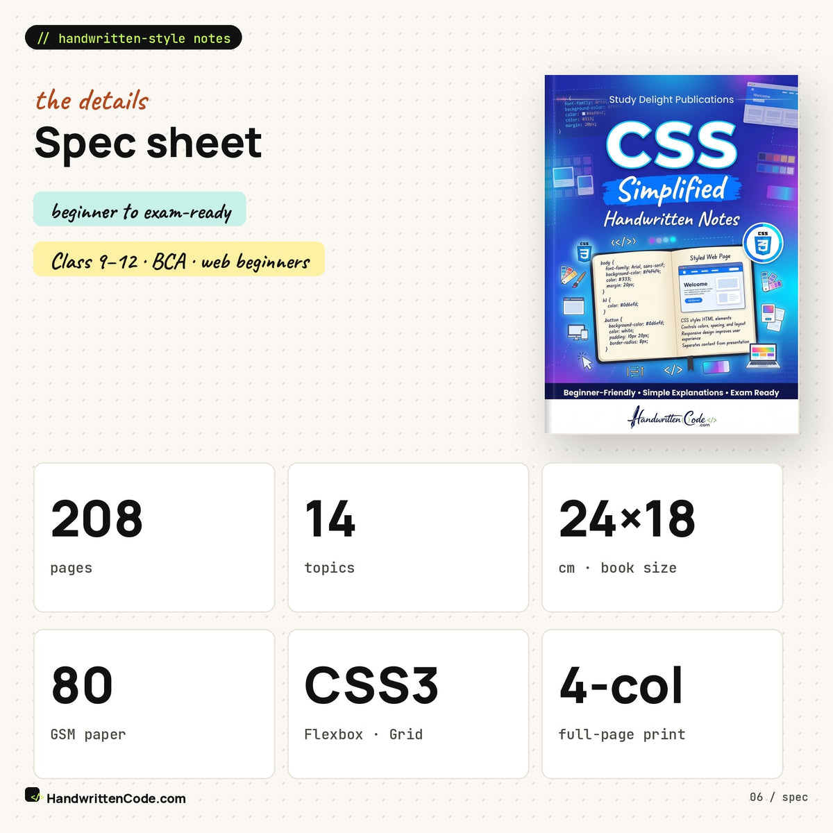 Spec sheet: 208 pages, 24 x 18 cm, 80 GSM, CSS3