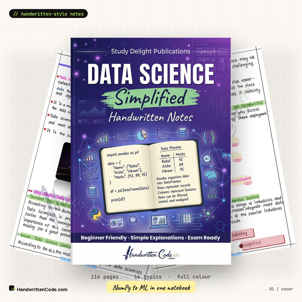 Data Science Simplified handwritten-style notes — cover with inside pages