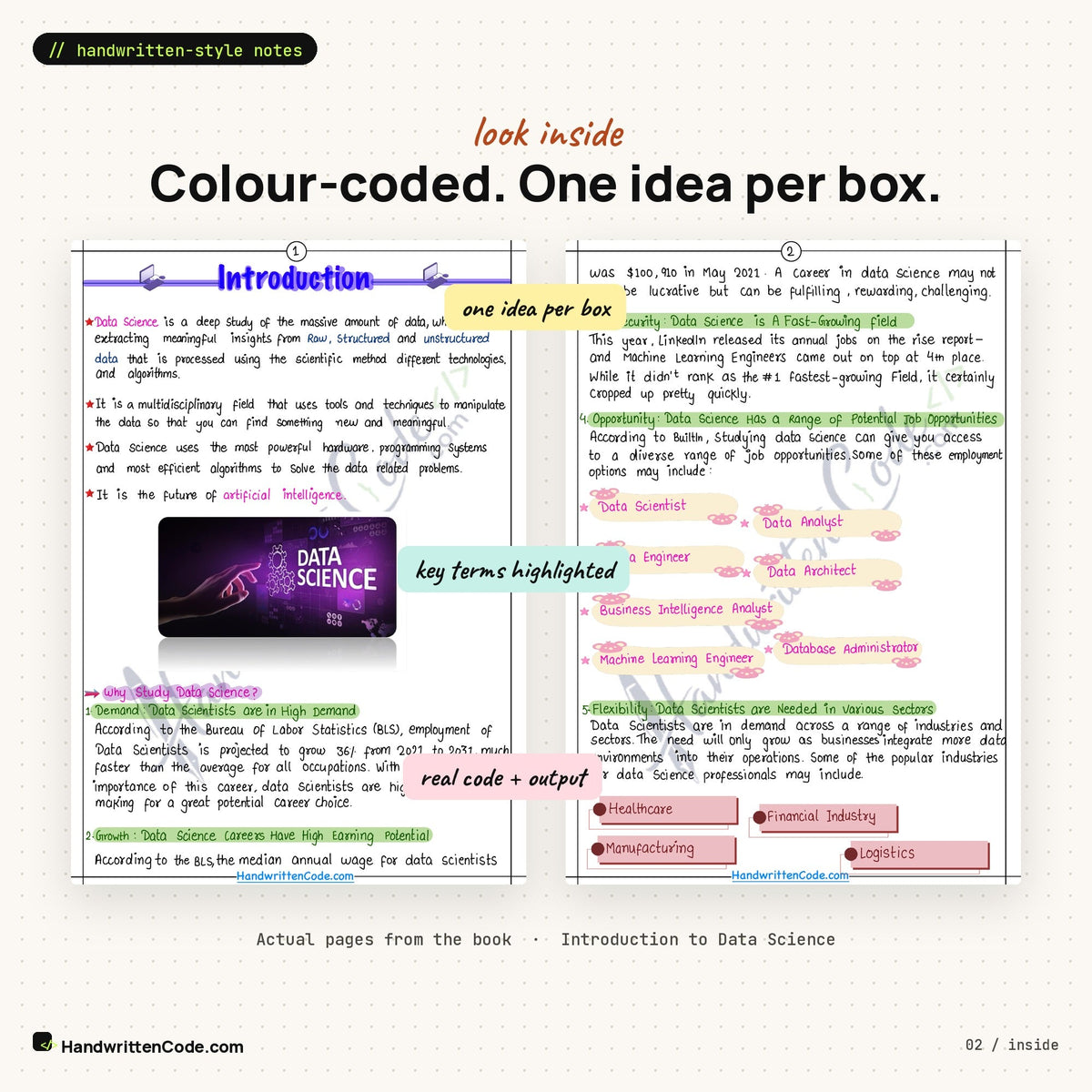 Look inside: colour-coded pages from the Data Science book