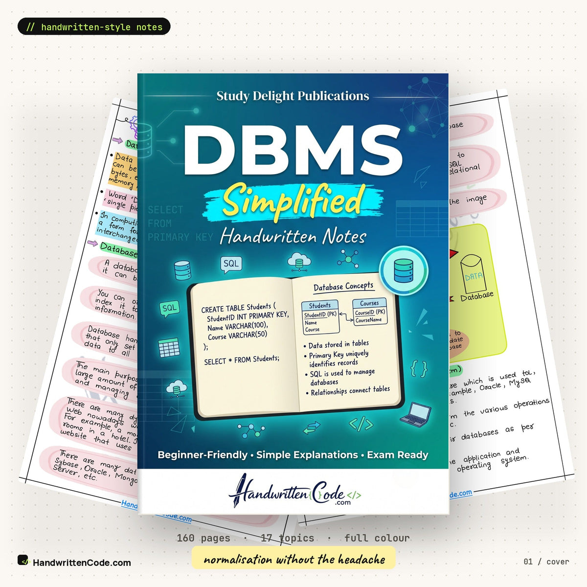 DBMS Simplified handwritten-style notes — cover with inside pages