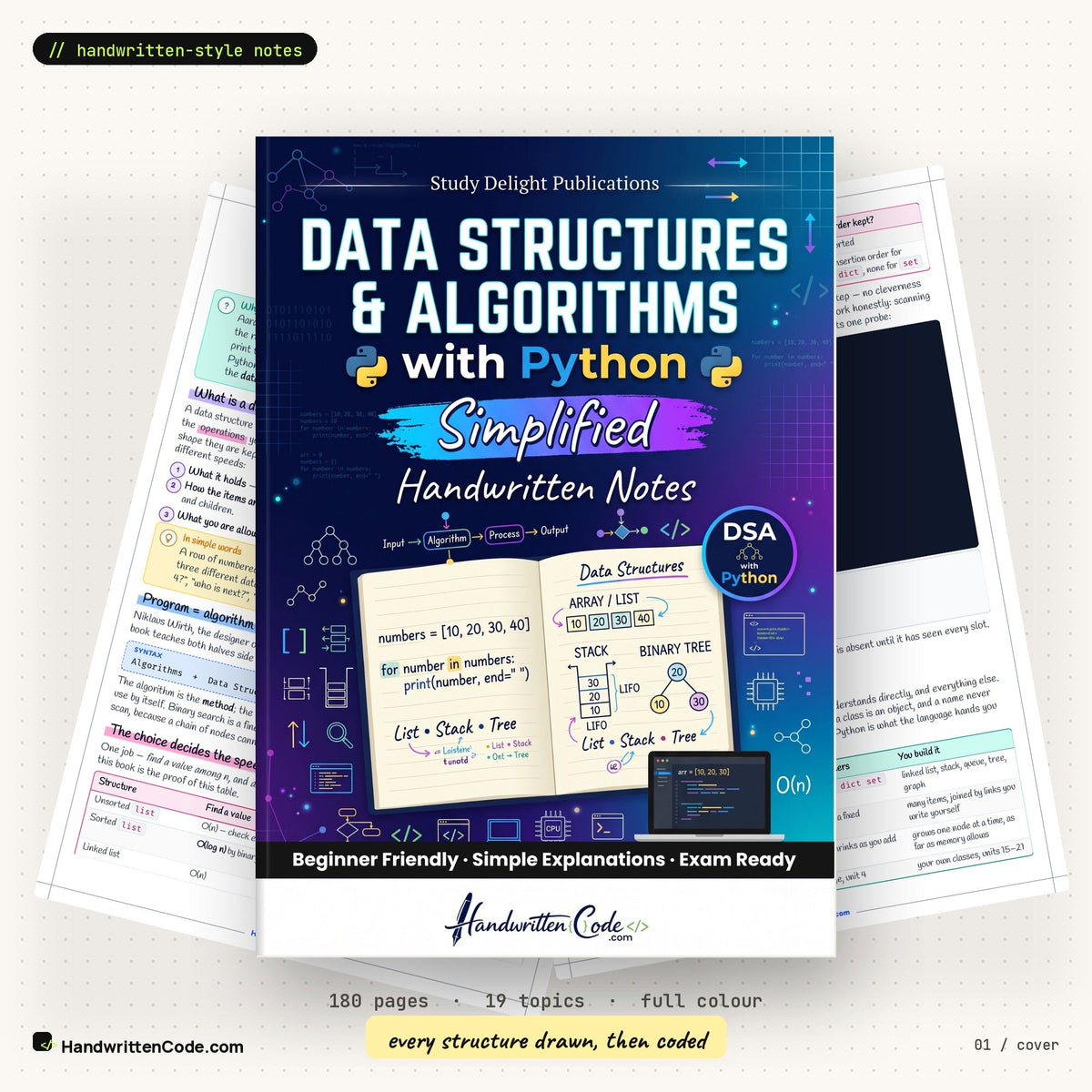 DSA with Python Simplified handwritten-style notes — cover with inside pages