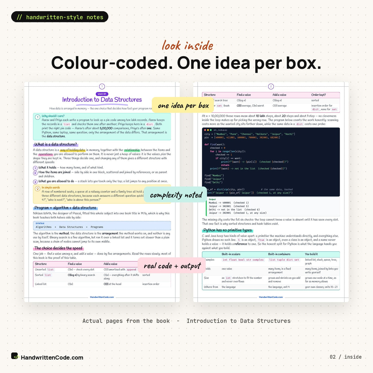Look inside: colour-coded pages from the DSA with Python book