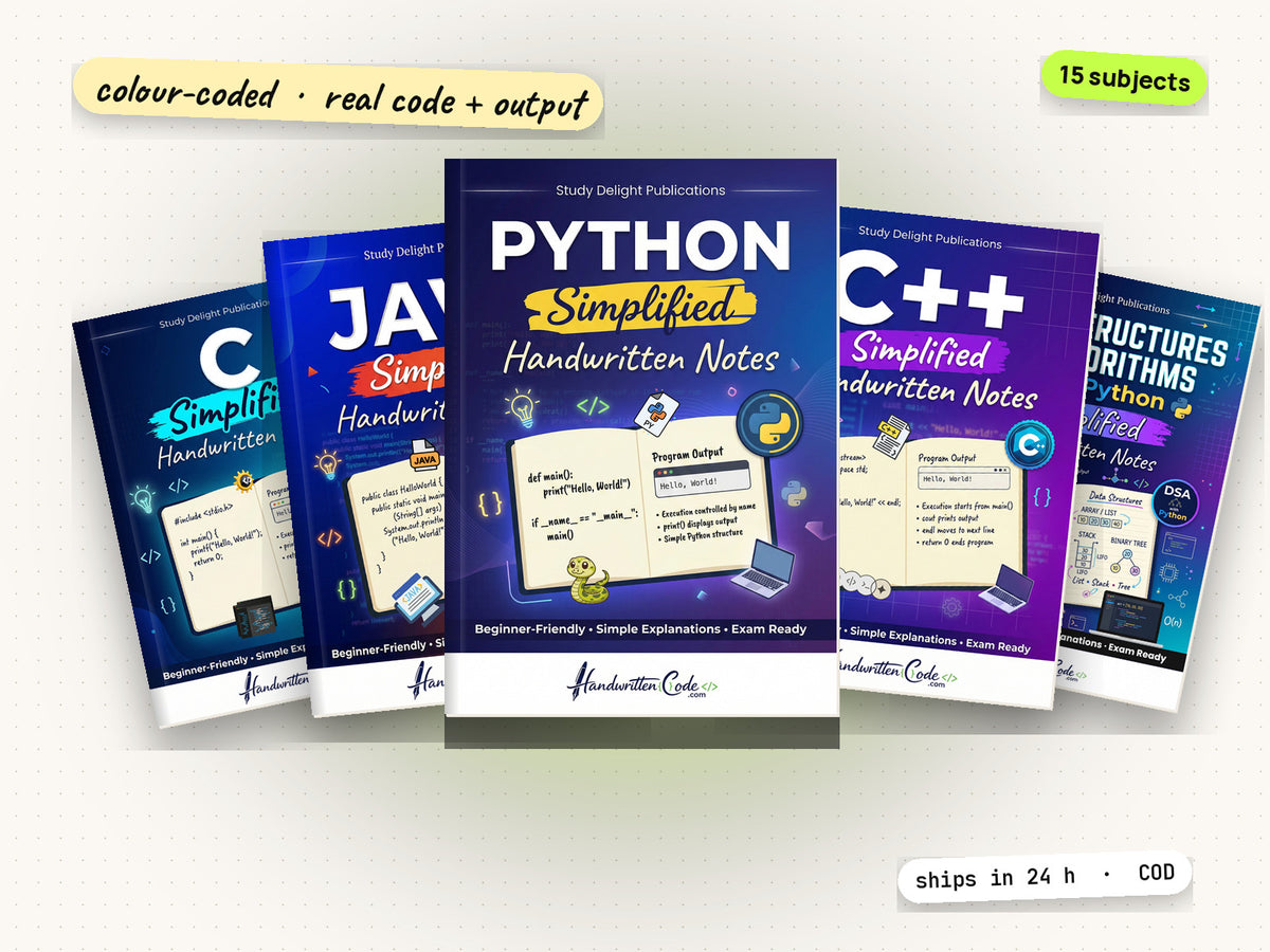 Python, Java, C, C++ and DSA handwritten-style notes – printed books by HandwrittenCode