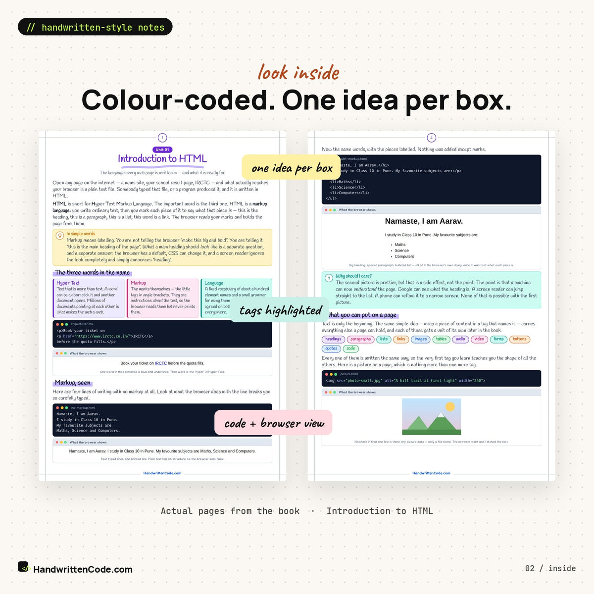 Look inside: colour-coded pages from the HTML book