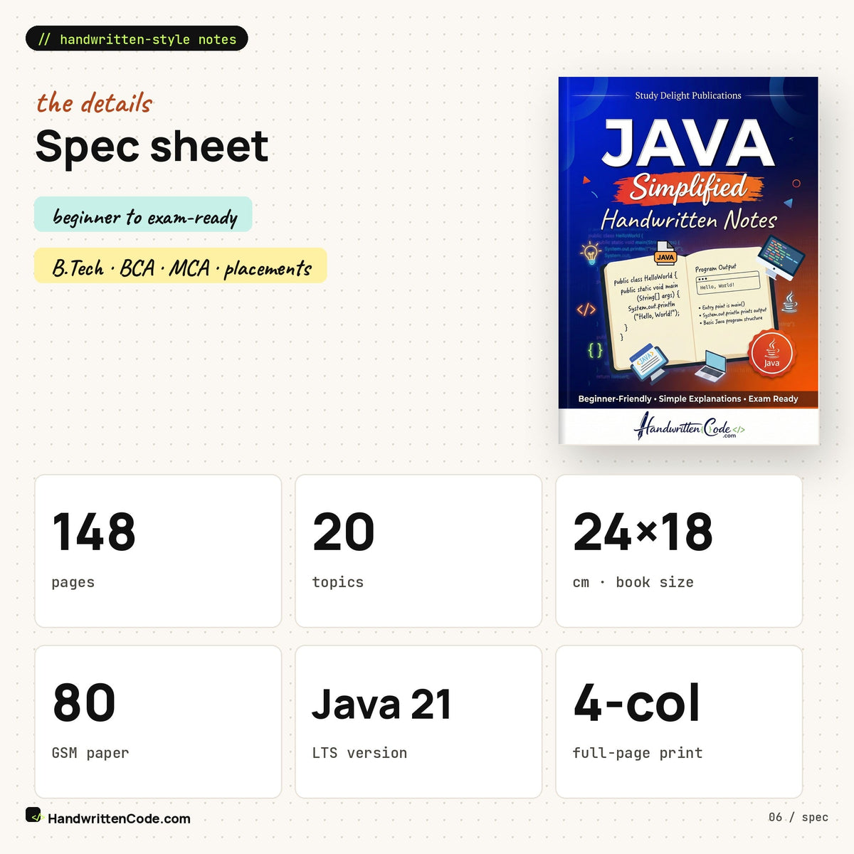 Spec sheet: 148 pages, 24 x 18 cm, 80 GSM, Java 21