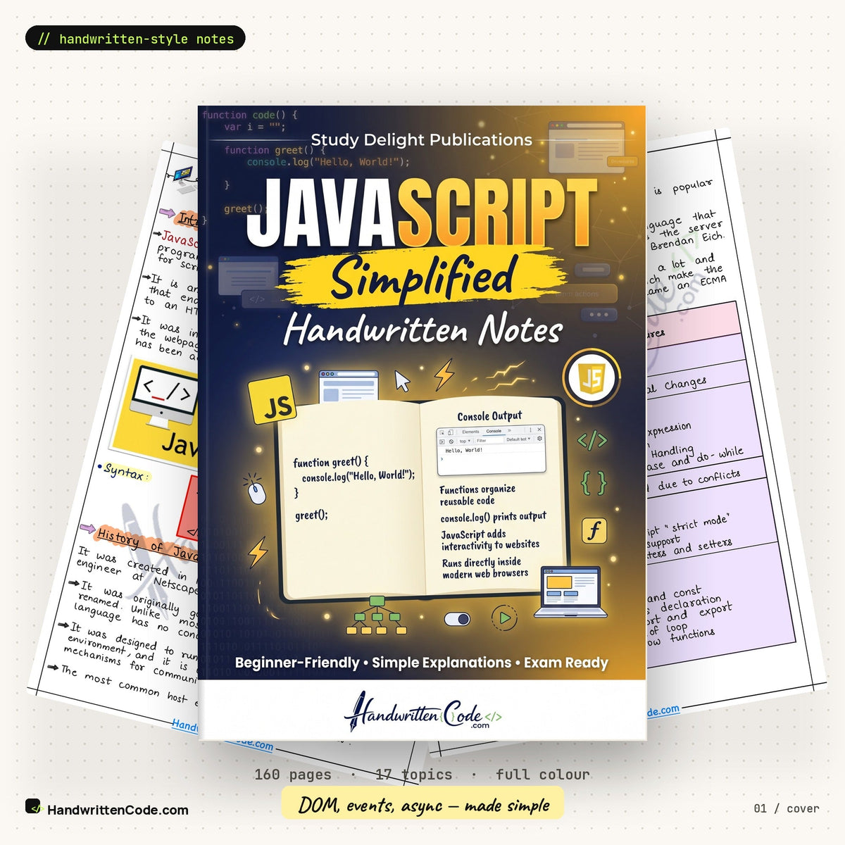 JavaScript Simplified handwritten-style notes — cover with inside pages
