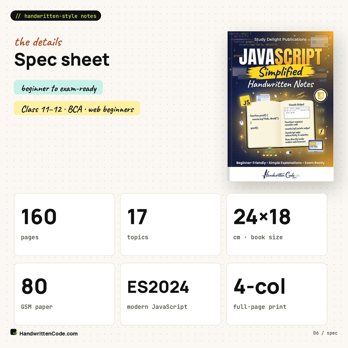 Spec sheet: 160 pages, 24 x 18 cm, 80 GSM, ES2024