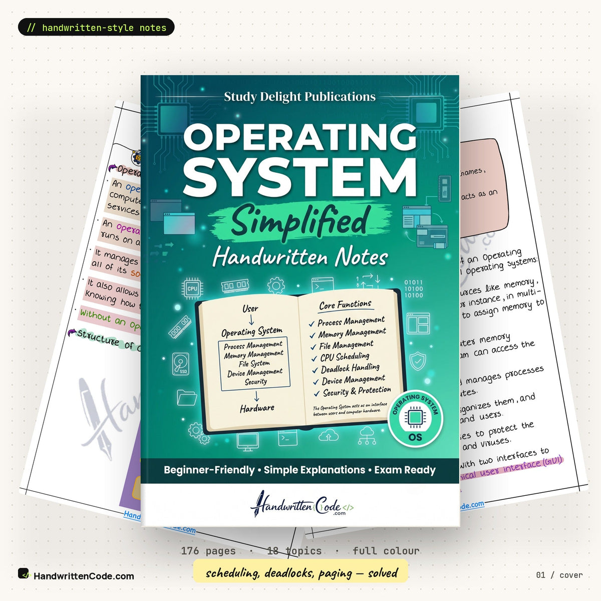 Operating System Simplified handwritten-style notes — cover with inside pages