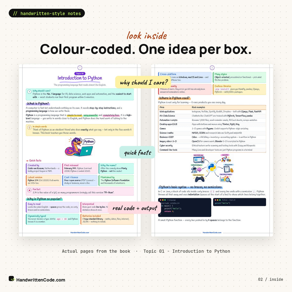 Look inside: colour-coded pages from the Python book