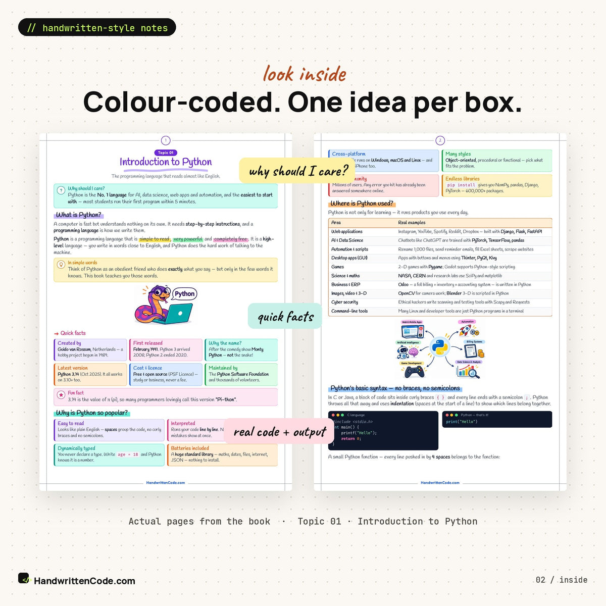 Look inside: colour-coded pages from the Python book