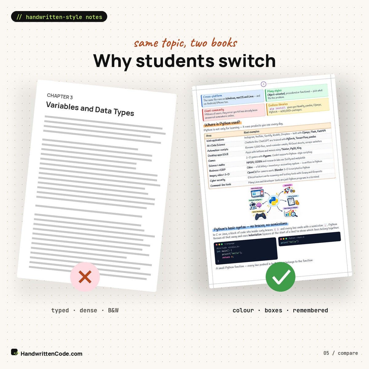 Typed textbook page vs HandwrittenCode page