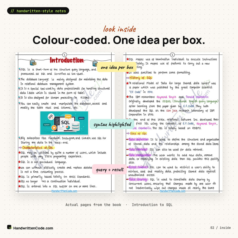 Look inside: colour-coded pages from the SQL book