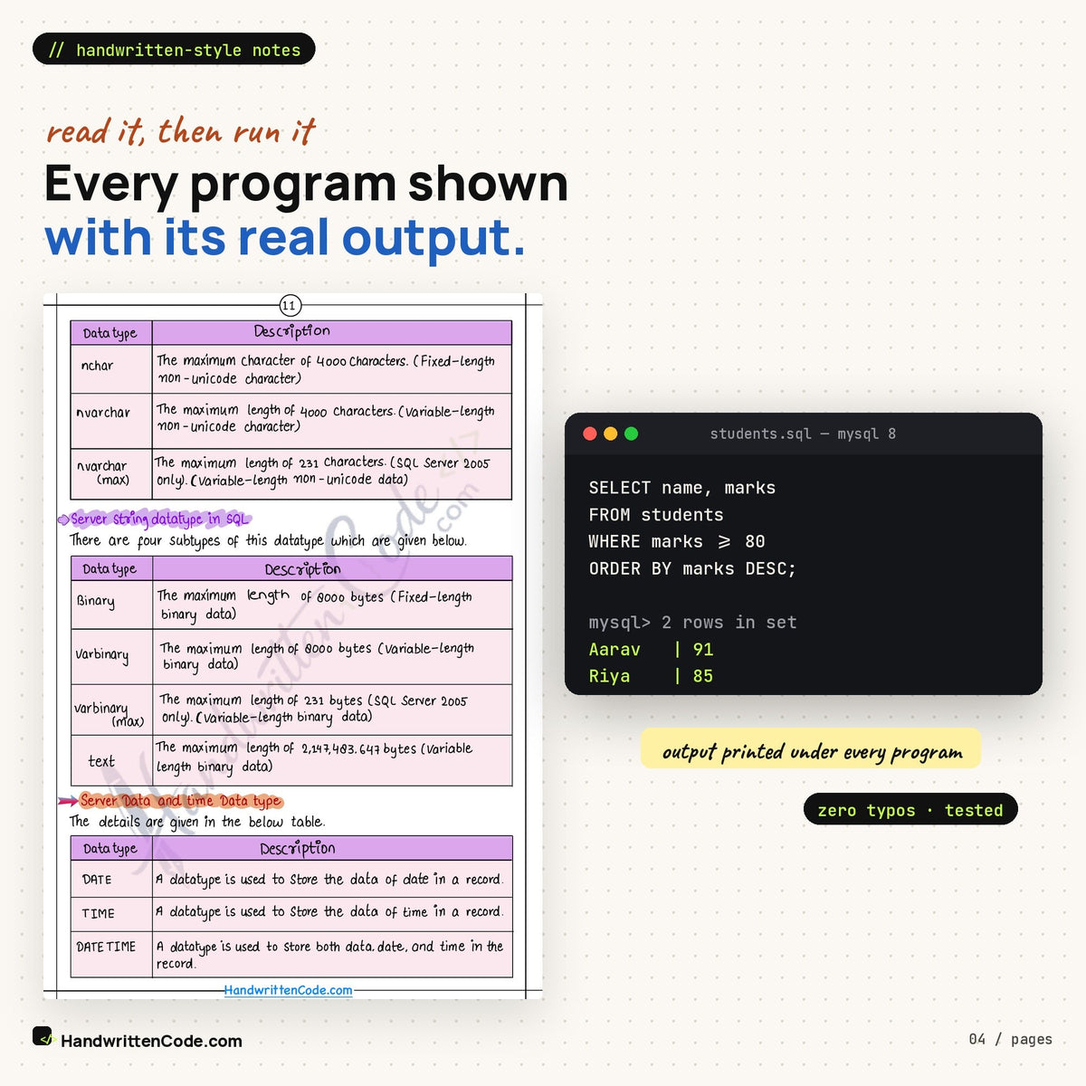 Every query shown with its result
